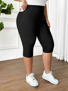 SHEIN CURVE+ 2 Stücke Leggings in Große Größen für Damen, schwarz, dehnbar, figurbetont, 7/8 Länge, hautfreundlich (mit Handytasche) - Schwarz - Übersicht 5