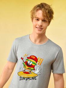 Bộ đồ ngủ nam in hình bánh hamburger và khoai tây chiên, gồm áo tay ngắn và quần. - Xám - Xem 4