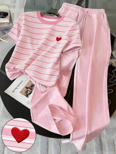 Resyla Striped Digital Print Casual Round Neck T-Shirt Set, Gift For Friends