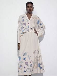 Aveloria Modichic 女士V领海星贝壳印花长袖上衣和裙子套装，适合海滩度假、春夏休闲、聚会和轻松外出。 - 彩色 - 查看 4