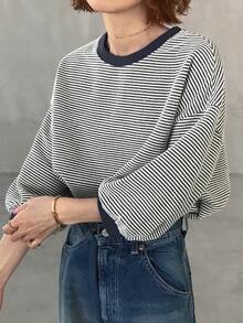 FRIFUL Áo thun tay phồng kẻ sọc dáng casual dành cho nữ, thích hợp cho mùa xuân/thu. - Xám - Xem 2