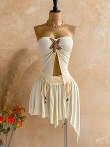 Soleia 女士棕色音乐节派对性感牛仔风格海滩休闲抽绳腰部不对称荷叶边下摆迷你裙和上衣 Y2K 服装 - 芥末黃 - 查看 5