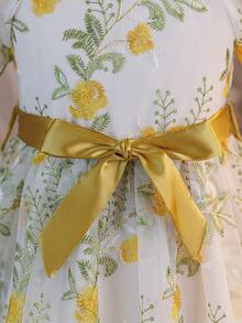 Young Girl Summer Vacation Birthday Party Embroidered Mesh Square Neck Petal Sleeve Belted Dress - Yellow - View 5