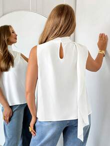 Auralis Plus Size Women Solid Color Pleated Collar Sleeveless Casual Top, Summer Tops Summer Outfit For Women - White - View 6