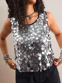 Freevana Bohemian Shiny Sequin Mesh Camisole, Sleeveless See-Through Sequin Cropped Top, Sexy Party/Music Festival Style, Versatile Layering Piece For Women - Black - View 3