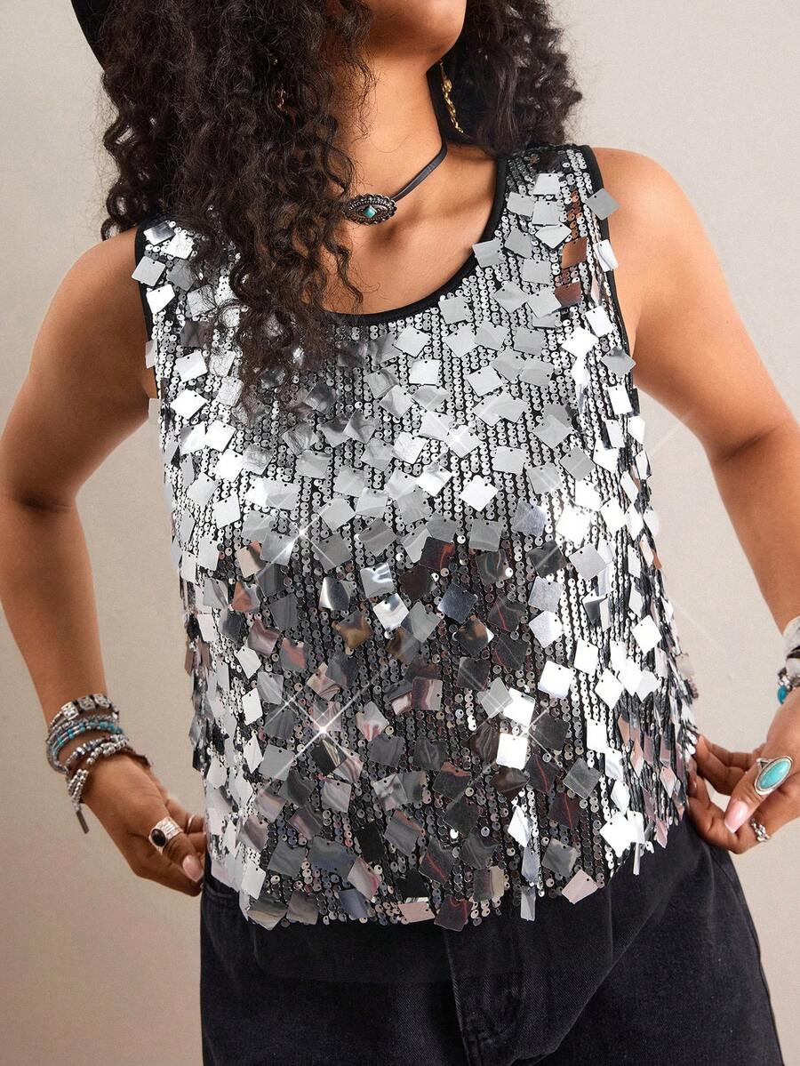 Freevana Bohemian Shiny Sequin Mesh Camisole, Sleeveless See-Through Sequin Cropped Top, Sexy Party/Music Festival Style, Versatile Layering Piece For Women - Black - View 1