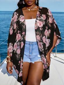 SHEIN CURVE+ Damen Große Größen Sommer Strand Land Konzert Damen Floral Kimono Hawaiihemd - Verschiedenfarbig - Übersicht 5