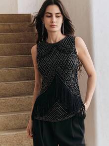 Anewsta Women's New Fashion Street Style Heavily Beaded Tassel Sleeveless Top, Suitable For Formal Occasions Beaded Top Beaded Tops Embellished Top Black Black Beaded Top Rhinestone Top Mesh Chooriyan - Black - View 8