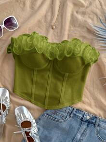 Soleia Blusa ajustada con volantes sin tirantes, romántica y sexy, adecuada para vacaciones, fiestas, citas, San Valentín, tarde de té - Verde - Ver 3