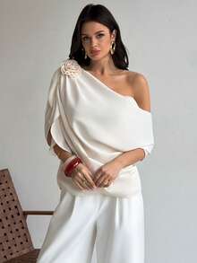 Firerie 女士优雅度假风宽松不对称领口花卉装饰衬衫，纯色 - 杏色 - 查看 9