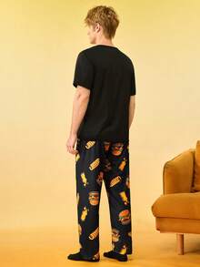 Conjunto de pijama de camiseta de manga corta de cuello redondo y pantalones con estampado de hamburguesa para hombre - Multicolor - Ver 2