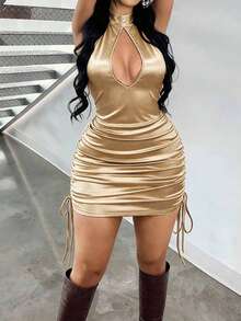 Zyxie Women's Fashion Sexy Chain Decor Side Drawstring Backless Mini Dress - Champagne - View 3