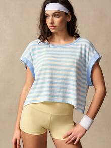 VARSIVA Women's Striped Round Neck Backless Bat Sleeve Sports T-Shirt - Multicolor - View 5