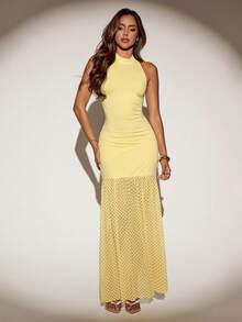 SHEIN ICON 女士波点拼接优雅收腰连衣裙，适合约会和派对穿着 - 鵝黃色 - 查看 3