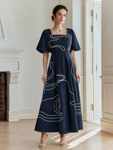 Anewsta 女士手摇刺绣撞色设计优雅泡泡袖方领系带A字连衣裙 - 藏蓝色 - 查看 4