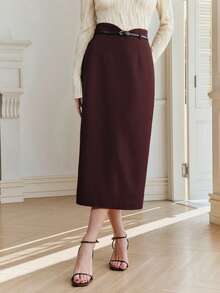 Anewsta Women's Elegant High Waist Bodycon Skirt, Minimalist Chic Office Wear - Coffee Brown - View 5