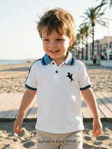 Cozy Pixies 男童卡通马图案 Polo 领短袖半拉链套头衫 - 白色 - 查看 7