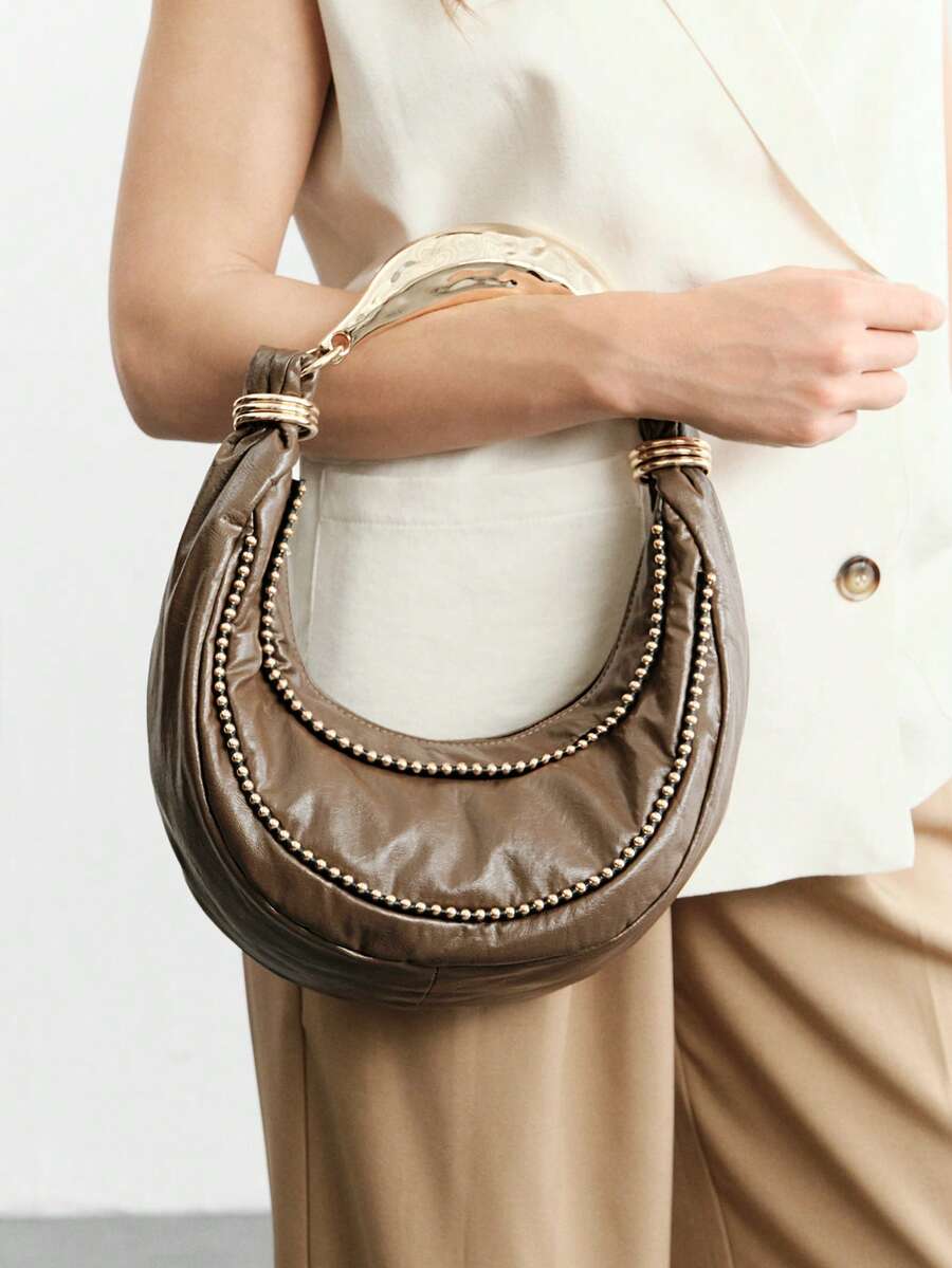 Ladies Vintage Casual Glass Ball Chain Element Handbag With Exquisite Hardware Handle For Commuting And Vacation - Brown - View 1