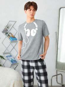 Tween Boys 2 Pieces Pajama Set, Gray Headphone Print Knit Crew Neck Top And Plaid Print Pants, Casual Comfortable Loose Fit Summer Sleepwear - Grey - View 1