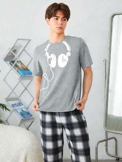 Tween Boys 2 Pieces Pajama Set, Gray Headphone Print Knit Crew Neck Top And Plaid Print Pants, Casual Comfortable Loose Fit Summer Sleepwear