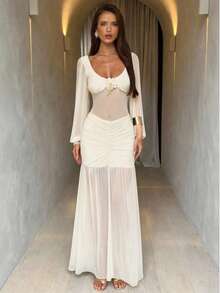 Aloruh Elegantes Damen Maxikleid mit quadratischem Ausschnitt, Blumendekoration, geraffter Taille, Mesh-Einsätzen und einfarbigem Design für Partys - Aprikosenfarben - Übersicht 2