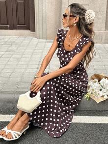 SHEIN PariChic Đầm nữ cổ vuông, viền bèo nhún, chấm bi nâu, dáng ôm, phong cách retro và gợi cảm, hơi hướng cổ điển, đầm mùa hè, trang phục mùa hè, đầm ngày Valentine, đầm sinh nhật, đầm thanh lịch nữ, đầm thường ngày nữ, đầm đi nghỉ mát, trang phục duyên dáng nữ, đầm chấm bi, đầm màu nâu - màu nâu - Xem 3