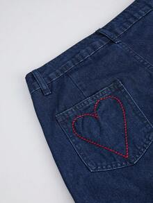 GlowEve 女士休闲心形刺绣纽扣直筒裤 - 藍色 - 查看 6