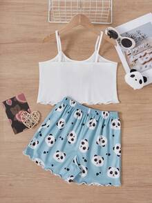 Girls Panda Print Shorts & Camisole 2pcs Set, Casual Loungewear - White - View 10