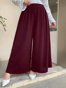 Dazy Plus Elastic Waist Solid Color Wide Leg Pants/Culottes, Burgundy, All Season, Plus Size Women - Burgundy - View 5