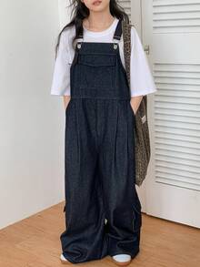 Dazy Kids 少女休闲褶裥口袋牛仔连体裤，日常百搭 - 藏蓝色 - 查看 3