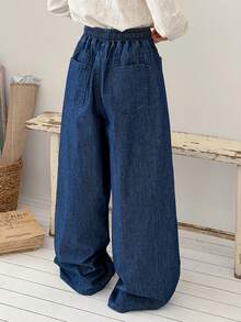 DAZY Tween Girls' High Waist Wide Leg Washed Denim Jeans, Summer - Blue - View 2