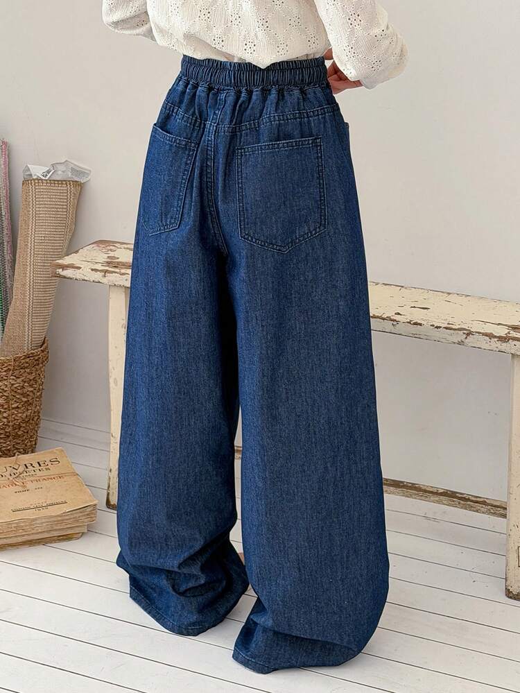 Tween Girls' High Waist Wide Leg Washed Denim Jeans, Summer