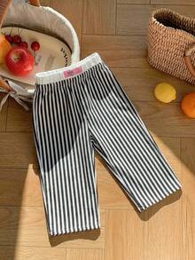 SHEIN LMoss Kids Quần dài cạp chun kẻ sọc hồng dễ thương, đa năng cho bé gái, thích hợp cho mùa xuân/hè. - màu đen - Xem 4
