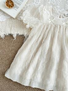 SHEIN Baby Girl Bow Decor Short Puff Sleeve Casual Dress - Apricot - View 6