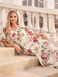 Amorya 女士方领荷叶袖杏粉色印花修身A字优雅长裙，适合春夏日常穿着、度假、婚礼、派对等场合。 - 彩色 - 查看 8