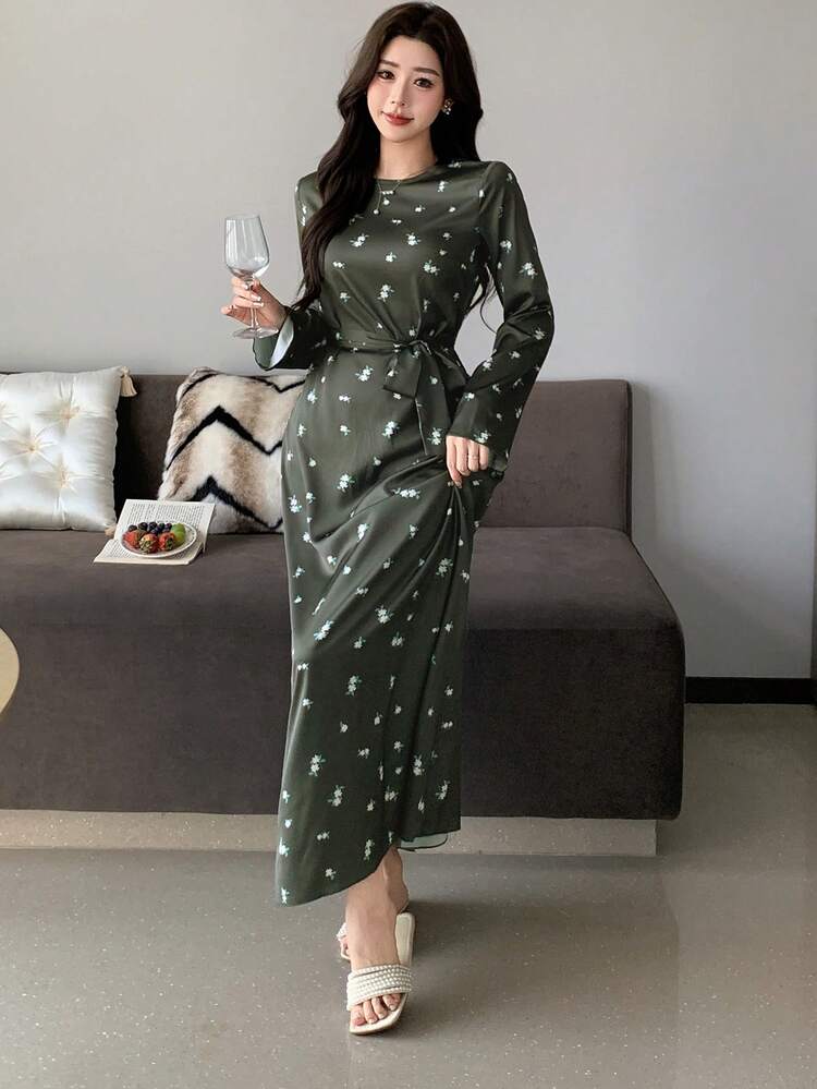 Charming Floral Allover Print Satin Long Waist Belt Cinched Women Nightgown