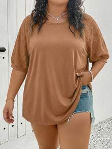 SHEIN CURVE+ Plus Size Women Top With Different Material Splicing,White T-Shirt - Khaki - View 7