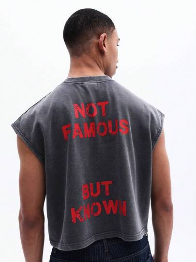 SUMWON Camiseta de tirantes sin mangas de corte ajustado lavada para hombre con estampado de texto rojo en la espalda, estilo vintage, casual de verano