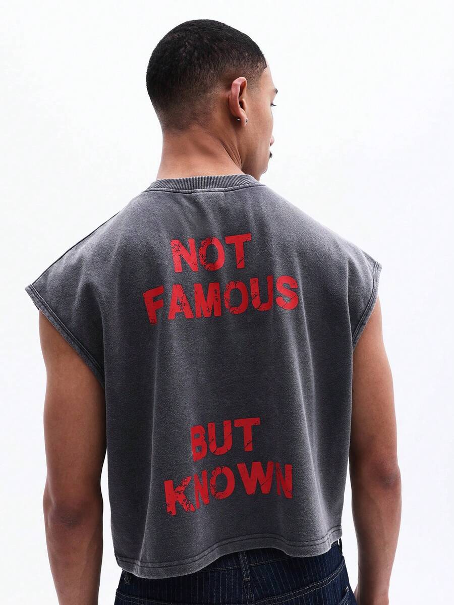 SUMWON Camiseta de tirantes sin mangas de corte ajustado lavada para hombre con estampado de texto rojo en la espalda, estilo vintage, casual de verano - Negro - Ver 1