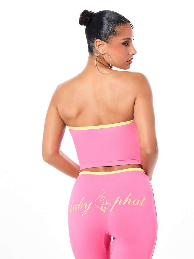 BABYPHAT Women's Strapless Bandeau Jersey Top With Tie Front Detail And Contrast Yellow Trim Casual Crop Top