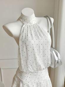 Comfortcana Women's Polka Dot Print Pleated Halter Elegant Sleeveless Mini Dress - Blue - View 5