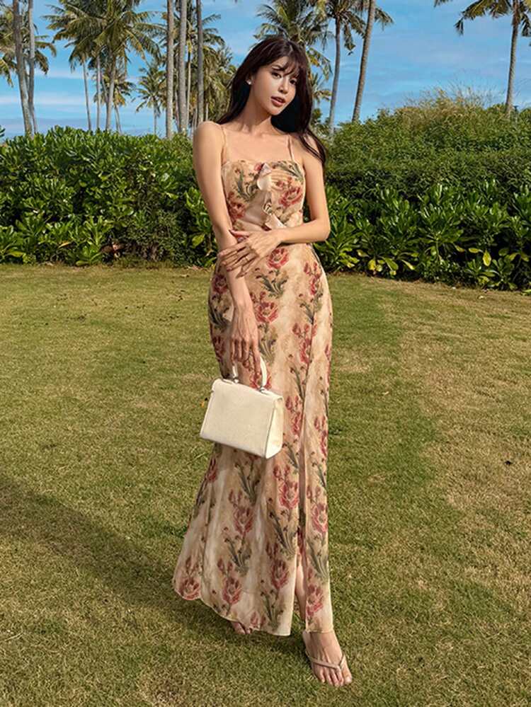 Women's Summer Beach Vacation Tie-Dye Floral Print Ruffle Hem Bodycon Maxi Slip Dress Boho