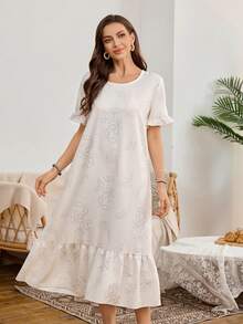 SHEIN Bubble Wrinkle Print Ruffle Hem Long Nightgown For Women - Apricot - View 2