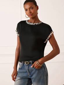 Lilora Women's Black Summer Elegent Smart Office Round Neck Satin Leopard Print Patchwork Blouse,High-End Fashionable Short Sleeve Versatile Tops For Women - Black - View 7
