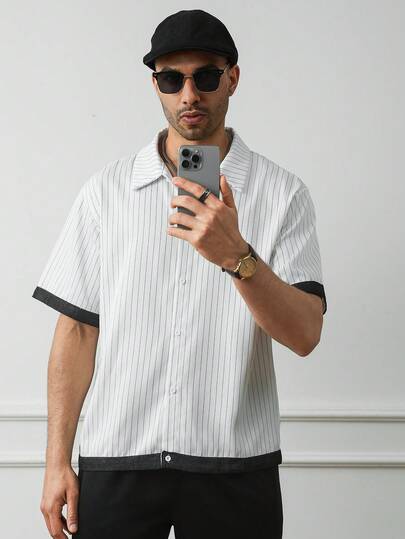 HUEFORM 男士条纹撞色休闲度假风短衬衫，适合男士休闲、社交和户外活动穿着。