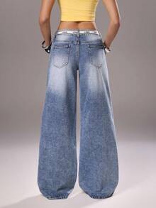 TRNVIE Fashionable Casual Street Style Woven Strap Letter Print Straight Leg Jeans - Light Wash - View 2