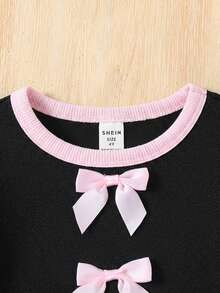 SHEIN 两件套少女休闲正式优雅返校套装，蝴蝶装饰撞色上衣搭配直筒裤 - 黑色 - 查看 11