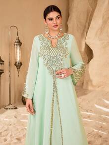 Al Najma 新款精美刺绣领口阿拉伯风格女式连衣裙 - 薄荷綠 - 查看 2