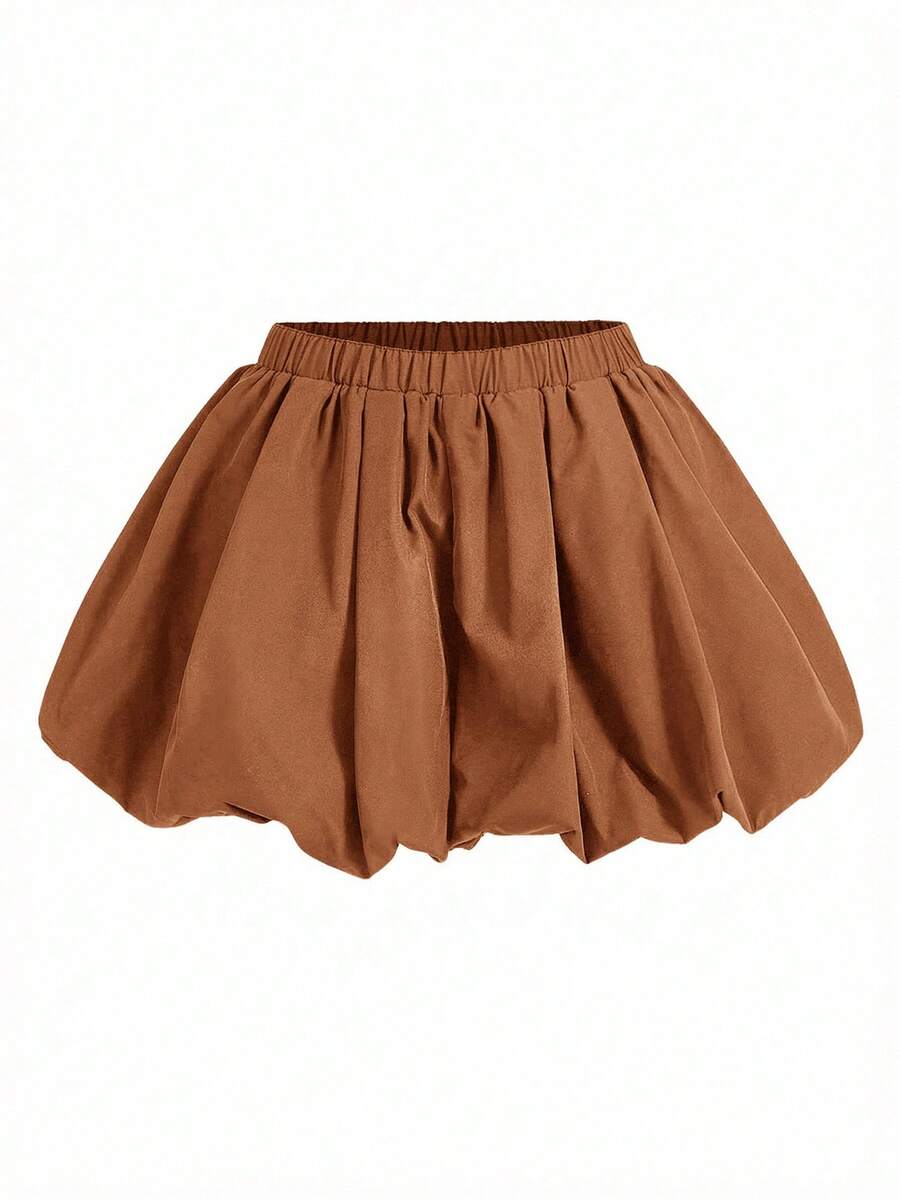 COSMINA 女士休闲日常通勤简约纯色弹力腰泡泡裙，夏季 - 駝色 - 查看 1