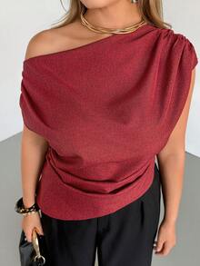 Auralis Plus Size Red Asymmetrical Neck Woven Fabric Blouse With Elegant Ruched Details Batwing Cap Sleeve Plain Regular Length - Red - View 3
